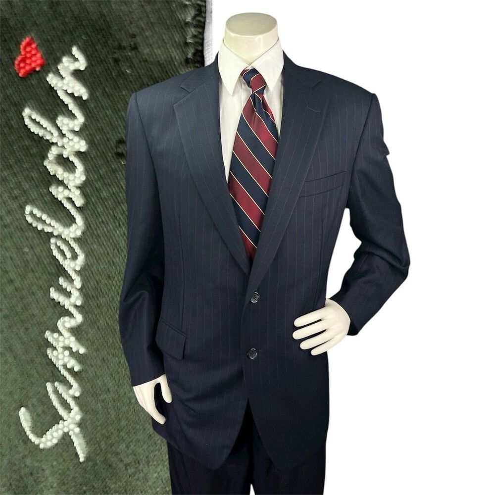 Samuelsohn Holland Sherry Savile Row Red Pinstripe Bespoke Men Suit 44L 36x31